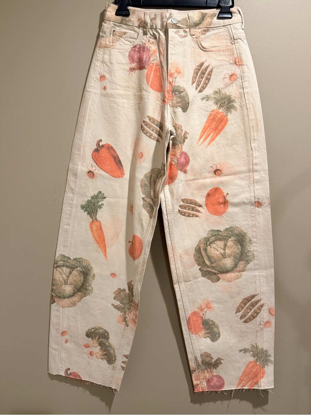 Zara Cream Jeans with Orange & Green Vegetable Print